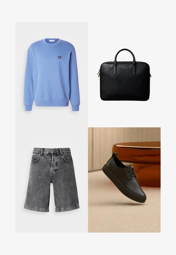 Lyseblå crewneck sweatshirt lavet af blødt materiale, med ribbestrikkede manchetter og søm, samt et lille logo-patch på den øverste venstre side.; Sorte denimshorts med afslappet pasform, mellemhøj talje, fem lommer og frynset nederkant, der har et textured stof og et subtilt falmet mønster.; Sort lædersneaker til hverdag med snørebånd, svævende over beige tæppe med et rundt bord af ravfarvet glas i baggrunden.; Sort tekstureret lædermappe med dobbelte håndtag og sølv lynlås, centreret på hvid baggrund.