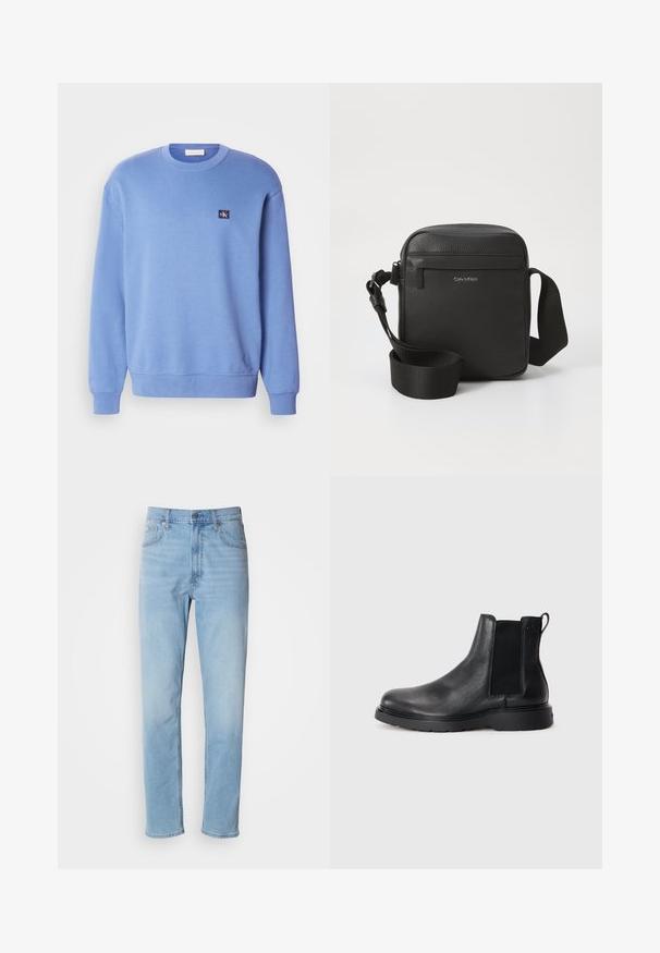Lichtblauwe crewneck sweatshirt, gemaakt van zacht materiaal, voorzien van ribgebreide mouwen en onderrand, met een klein logo-opdruk op de bovenste linkerzijde.; Lichtblauwe denim jeans met een rechte pasvorm, vijf zakken en riemlussen. De stof heeft een gladde textuur met een lichte vervaging.; Zwarte leren Chelsea boots met een gestructureerde afwerking, elastische zijpanelen en een stevige rubberen zool. Subtiele branding op de hiel.; Zwarte leren schoudertas met een gestructureerde afwerking, met een voorste ritszak en een verstelbare stoffen schouderband. Merklogo zichtbaar.