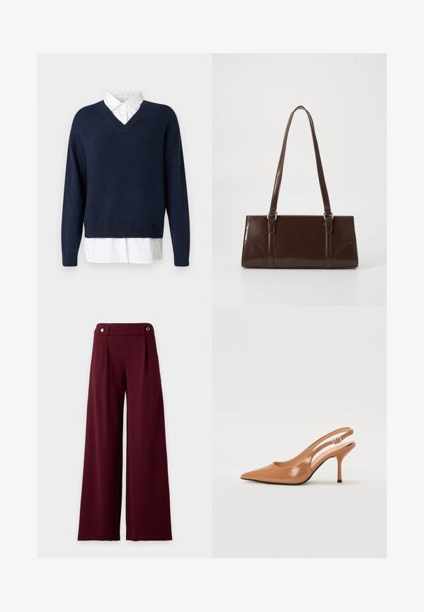 Pull en V bleu marine en tricot doux, superposé à une chemise blanche à petits pois dispersés et à col classique.; Pantalon à jambes larges et taille haute en tissu bordeaux foncé avec une ceinture ajustée ornée de deux boutons dorés.; Escarpin à talon slingback à bout pointu en matériau beige lisse et brillant. Présente un design de découpes courbées et un talon aiguille fin. Détail de boucle en argent.; Sac à main en cuir verni marron de forme rectangulaire, avec deux longues poignées et des accents courbés subtils à l'avant.
