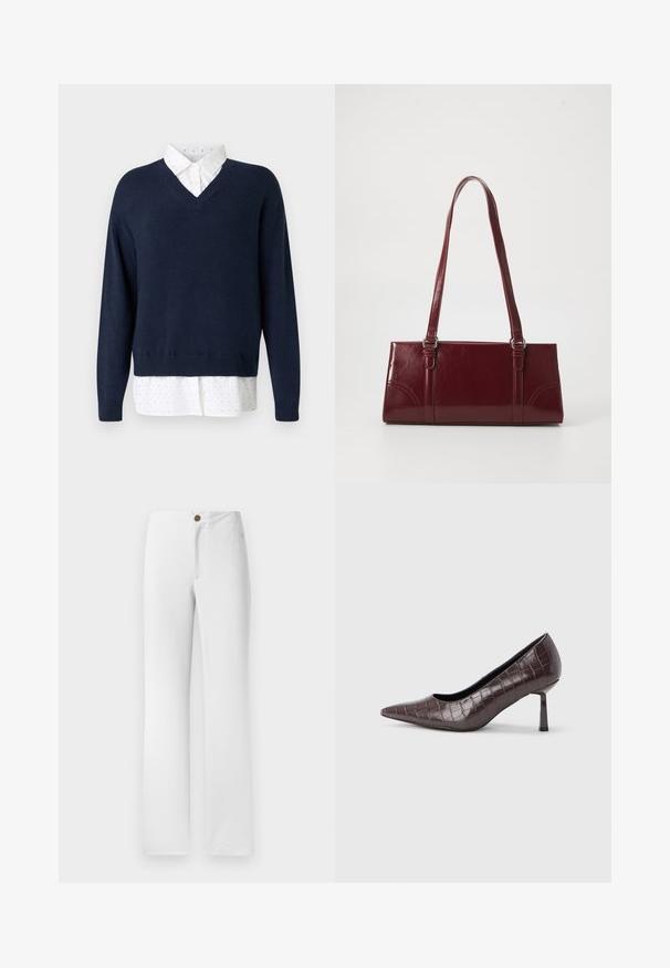 Pull en V bleu marine en tricot doux, superposé à une chemise blanche à petits pois dispersés et à col classique.; Pantalons blancs à jambes droites avec une fermeture à bouton doré, un devant plat et une texture de tissu lisse. Aucun motif ni embellissement visible.; Escarpins à bout pointu en similicuir marron avec une texture crocodile, dotés d’un talon fin et angulaire ainsi que d’une doublure intérieure lisse.; Sac à main bordeaux en matériau brillant, de forme rectangulaire, avec deux anses et des accents légèrement courbés à l'avant.