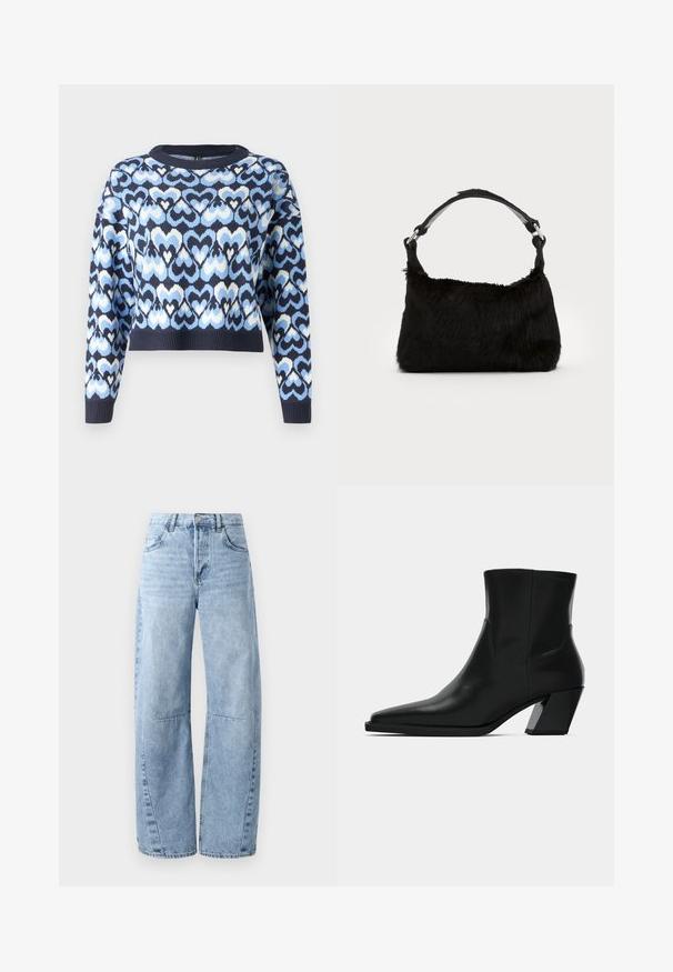 Pull bleu marine arborant un motif de cœurs entrelacés en bleu clair et blanc, style cropped avec un col rond et des poignets côtelés.; Jeans en denim bleu clair à jambes larges, dotés d'une taille haute, de cinq poches et d'un léger dégradé. Les jambes présentent des coutures et des seams visibles.; Bottine en cuir noir avec un bout pointu, une silhouette élégante et un talon carré massif. Texture lisse avec des détails de couture minimalistes.; Sac à main en fausse fourrure noire avec une texture douce, une forme arrondie et une bandoulière en cuir noir robuste. Accent en métal argenté visible.