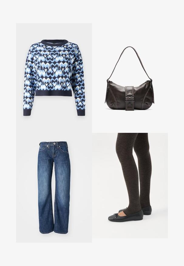 Pull bleu marine arborant un motif de cœurs entrelacés en bleu clair et blanc, style cropped avec un col rond et des poignets côtelés.; Jean en denim bleu foncé avec une coupe droite, comportant cinq poches et une fermeture à bouton à l'avant. Fading subtil le long des cuisses.; Jambes portant des leggings côtelés foncés associés à des ballerines noires avec de petits détails en nœud sur fond blanc.; Sac à épaule en cuir marron avec une forme courbée, présentant un détail de boucle proéminent, des coutures contrastantes et une seule bandoulière.