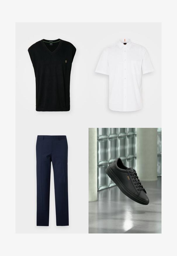 Pull sans manches noir avec un col en V, présentant une texture côtelée et un petit logo sur la poitrine. L'encolure intérieure a un accent vert.; Chemise blanche à manches courtes, boutonnée, fabriquée en coton, avec une poche poitrine unique, un col classic et des détails de couture discrets.; Pantalons bleu marine à coupe ajustée, présentant une texture lisse, des plis marqués et un design à plat. Fermeture zippée dissimulée.; Baskets basses en cuir noir avec lacets noirs et logo BOSS doré sur le côté, flottant au-dessus d’un sol gris brillant dans un espace intérieur moderne.