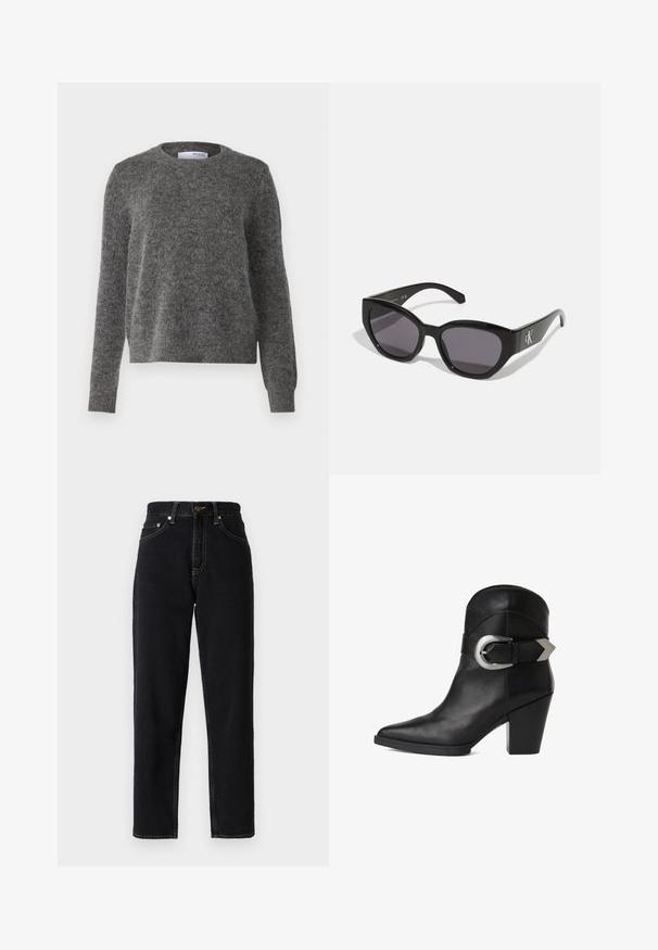 Pull gris en tissu doux et texturé, avec un col rond et des manches longues. Présente des poignets et un ourlet côtelés, dans une coupe décontractée.; Jeans en denim noir avec une coupe droite, taille haute et coutures contrastantes. Comprend cinq poches et une fermeture à glissière.; Bottine en cuir noir avec un bout pointu, un talon épais et une large sangle ornée d'une boucle circulaire en argent sur le côté. Texture lisse.; Lunettes de soleil noires au design lisse et angulaire, avec des verres foncés et un logo en argent contrastant sur le côté. Texture en plastique lisse.