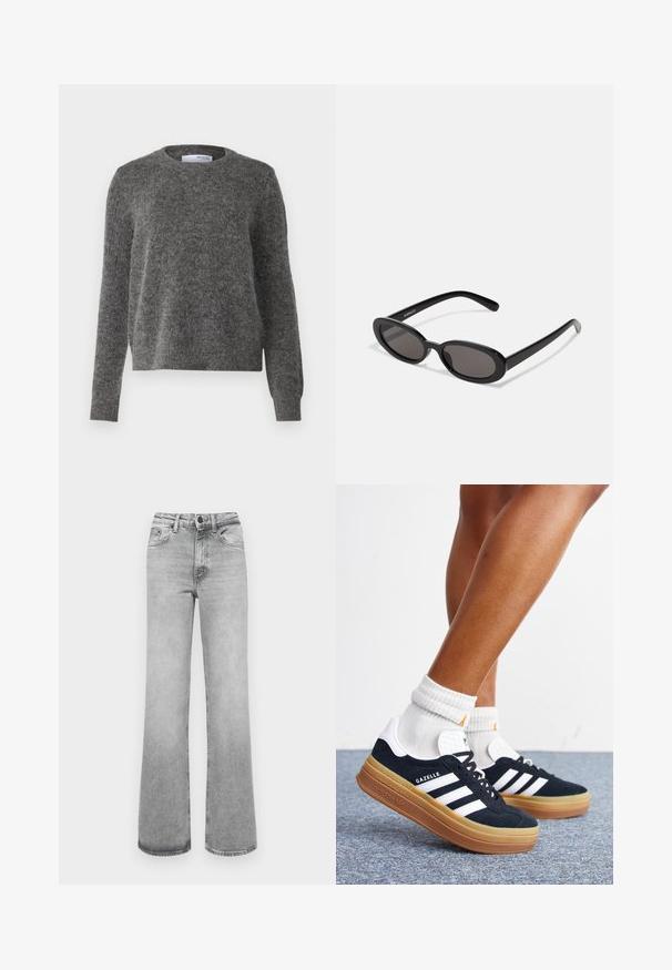 Pull gris en tissu doux et texturé, avec un col rond et des manches longues. Présente des poignets et un ourlet côtelés, dans une coupe décontractée.; Jeans droits délavés gris clair avec poches avant, passants de ceinture et une fermeture à bouton et à fermeture éclair.; Jambes portant des chaussettes blanches et des baskets Adidas Gazelle noires avec des bandes blanches et des semelles épaisses marron sur un sol recouvert de moquette grise.; Even&Odd Lunettes de soleil - black