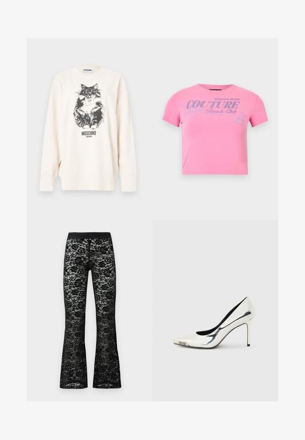 Sweatshirt blanc Moschino présentant un chat noir et blanc portant des lunettes et un nœud papillon, avec le texte "Moschino Jeans" en dessous.; T-shirt rose court à manches courtes avec texte pailleté argenté "Versace Jeans Couture Beach Club" et un petit dessin d'une femme en train de faire du surf.; Pantalons évasés en dentelle noire avec un motif floral, taille élastique noire, texture transparente et silhouette ajustée.; Escarpin à talon haut pointu en métal argenté avec talon aiguillon fin et logo "Versace Jeans Couture" sur la pointe.