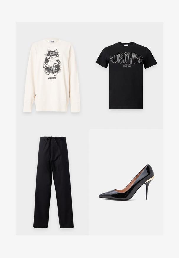 Sweatshirt blanc Moschino présentant un chat noir et blanc portant des lunettes et un nœud papillon, avec le texte "Moschino Jeans" en dessous.; T-shirt en coton noir avec un col rond et des manches courtes. "MOSCHINO" en strass sur la poitrine, avec "SINCE 1983" en dessous.; Pantalons noirs de poids moyen avec une taille à cordon, design à jambe droite et sans motifs ni accents visibles. Texture lisse.; Chaussure à talon haut en cuir verni noir à bout pointu avec un talon aiguille fin et un accent doré près du contrefort.