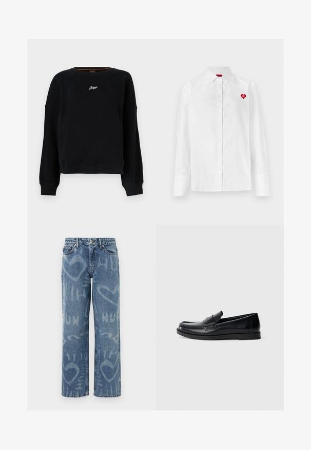 Sweatshirt noir à manches longues avec poignets et ourlet côtelés, arborant un petit logo blanc « Boss » centré sur la poitrine.; Chemise blanche à boutons avec manches longues, col classique et logo en forme de cœur rouge sur la poitrine gauche. Texture lisse et coupe ajustée.; Jean en denim bleu à jambes larges avec un effet délavé, motifs de cœurs blancs et textes, cinq poches et une fermeture à bouton standard.; Mocassins en cuir noir avec un design d'accent cousu, bout rond, semelle plate en caoutchouc et finition lisse. Silhouette classique et polyvalente.