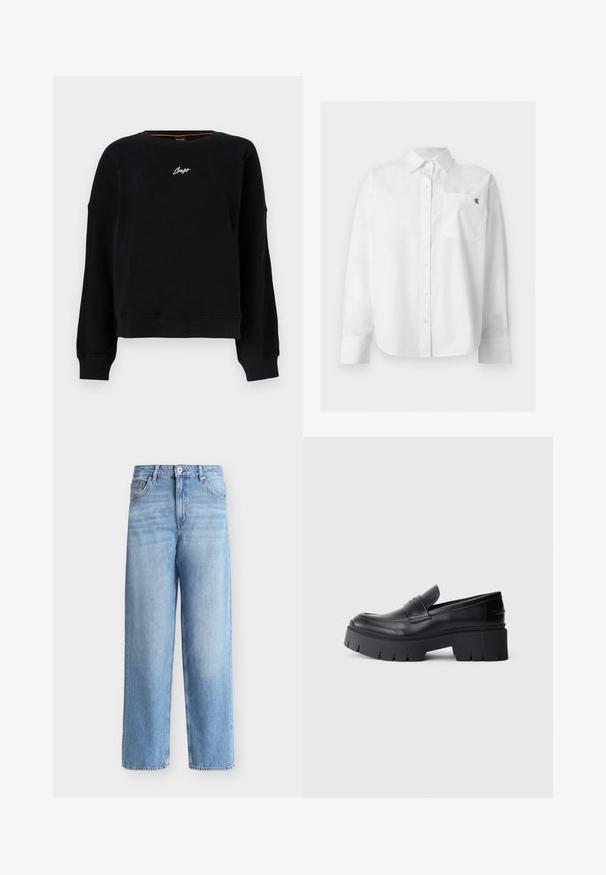 Sweatshirt noir à manches longues avec poignets et ourlet côtelés, arborant un petit logo blanc « Boss » centré sur la poitrine.; Chemise blanche à manches longues avec boutons, col pointu et poche avant avec petit logo noir "CK" sur la poitrine gauche.; Jean bleu clair taille haute à jambes droites avec fermeture avant à boutons et zip, passants de ceinture et poches avant sur fond blanc.; Mocassin plateforme noir épais avec tige en cuir lisse, sangle décorative et semelle texturée épaisse sur fond blanc.