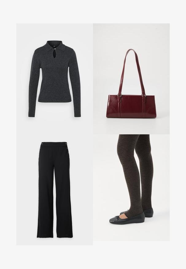 Suéter de punto gris oscuro con cuello, mangas largas y una abertura en forma de ojo de cerradura en el escote, con un pequeño detalle de botón.; Pantalones negros de pierna ancha con cintura alta y botones decorativos en la parte delantera y los laterales.; Piernas con leggings oscuros acanalados combinados con bailarinas negras que presentan pequeños detalles de lazo sobre un fondo blanco.; Bolso burdeos hecho de material brillante, de forma rectangular, con dos asas para el hombro y sutiles acentos curvados en la parte frontal.