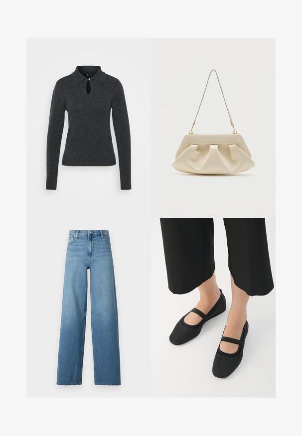 Mørkegrå striktrøje med krave, lange ærmer og en nøglehulåbning ved halsen, som har en lille knapdetalje.; Blå denimjeans med høj talje og vide ben, frontknap og lynlås, samt klassisk design med fem lommer.; Sorte flade sko lavet af glat materiale, med rund tå og en kontrastfuld rem over vristen. Flad sål, minimalistisk design.; Kremfarvet blød clutch-taske med samlet plissering og en tynd skulderrem med guldfarvet hardware.