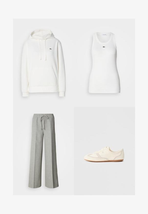 Witte capuchontrui van zacht materiaal. Heeft een voorzak en een klein groen logo geborduurd op de borst.; Witte mouwloze tanktop met een ronde hals en geribbelde textuur. Heeft een klein groen Lacoste krokodillogo op de borst.; Lichtgrijze wijde broek met elastische tailleband en trekkoord, voorzakken en een subtiele gestructureerde stof.; Crème-witte sneakers met een bovenwerk van suède en stof, een afgeronde neus en een rubberen zool met een beige accentdetail. Vetersluiting.