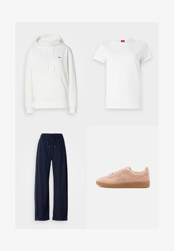 Witte capuchontrui van zacht materiaal. Heeft een voorzak en een klein groen logo geborduurd op de borst.; Witte T-shirt met korte mouwen, gemaakt van lichtgewicht katoen. Heeft een ronde hals en opgerolde mouwen. Rode merketiket op de kraag.; Marineblauwe, wijde broek van een zachte stof. Voorzien van een elastische tailleband met trekkoord en metalen accenten aan de zoom.; Lichtroze suède sneakers met een rubberen zool, ronde neus en vetersluiting. Heeft minimale branding aan de zijkant en op de hiel.