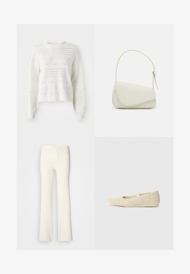Hvid strikket sweater med ballonærmer, der har åbent arbejde med prik- og stribemønstre. Ribbet rund hals og kant. Kort design.; Cremefarvede flagrende bukser lavet af et blødt stof; har en knaplukning og en glat tekstur; skræddersyet taljedesign.; Lysebrune ballet flats med en glat læderoverflade, mandelformet tå og elastisk rem over vristen, med diskrete syninger.; Hvid taske i faux læder med en struktureret trekantet form, enkelt justerbart skulderstrop og en flaplås med kurver.