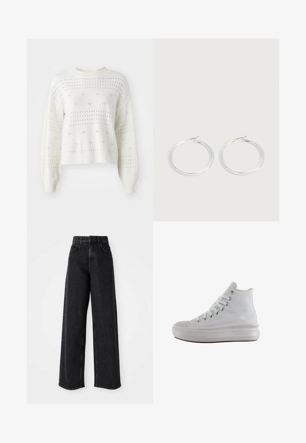 Pull en tricot blanc avec des manches ballon, comportant des motifs aérés à pois et rayures. Col ras du cou et ourlet côtelés. Design court.; Jean en denim noir à taille haute et jambes larges, avec un design classique à cinq poches et des détails de couture subtils.; Baskets montantes en toile blanche avec lacets blancs, œillets métalliques, semelle épaisse en caoutchouc et bout texturé, orientées vers la gauche sur fond blanc.; Paire de boucles d'oreilles créoles argentées brillantes avec fermoirs en fil fin, présentée sur un fond gris clair.