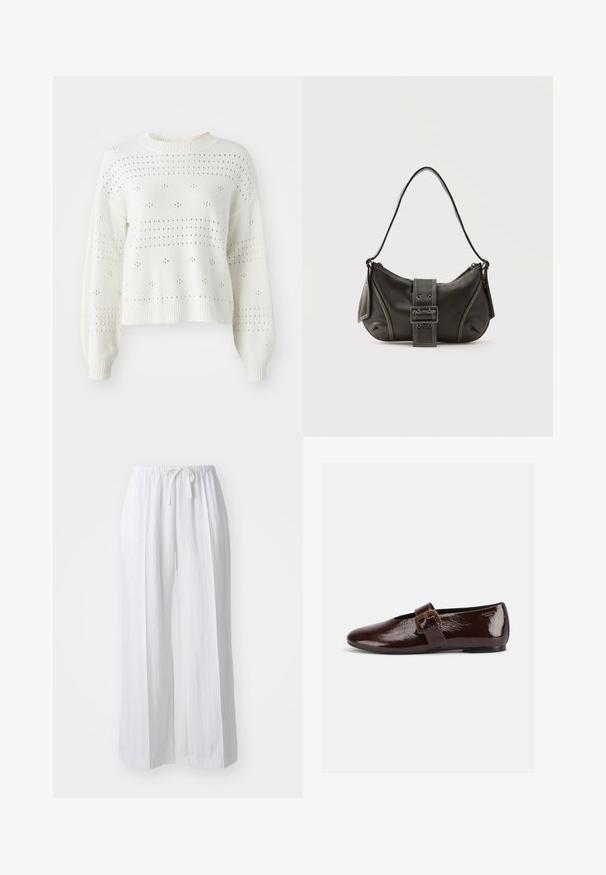 Pull en tricot blanc avec des manches ballon, comportant des motifs aérés à pois et rayures. Col ras du cou et ourlet côtelés. Design court.; Pantalons blancs à jambes larges avec un cordon de serrage à la taille. Fabriqués en tissu léger, ils présentent une texture lisse et un design minimal.; Chaussure plate en cuir verni marron foncé avec une large bride à boucle dorée et un bout arrondi, présentée de profil sur fond blanc.; Sac à épaule en cuir noir avec une sangle à boucle, des bords arrondis et des coutures blanches contrastées sur un fond uni.