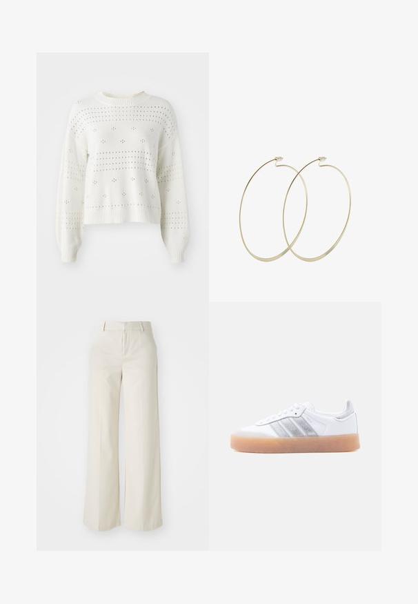 Hvid strikket sweater med ballonærmer, der har åbent arbejde med prik- og stribemønstre. Ribbet rund hals og kant. Kort design.; Bredde ben-bukser i en lys beige farve, lavet af et glat stof. Har en klassisk talje og flad front med rene linjer.; Hvid lavtop-sneaker med gum-gummisål, sølvstribede sideaccents og snørelukning, vist mod en ensfarvet lys baggrund.; Pilgrim Øreringe - gold-coloured