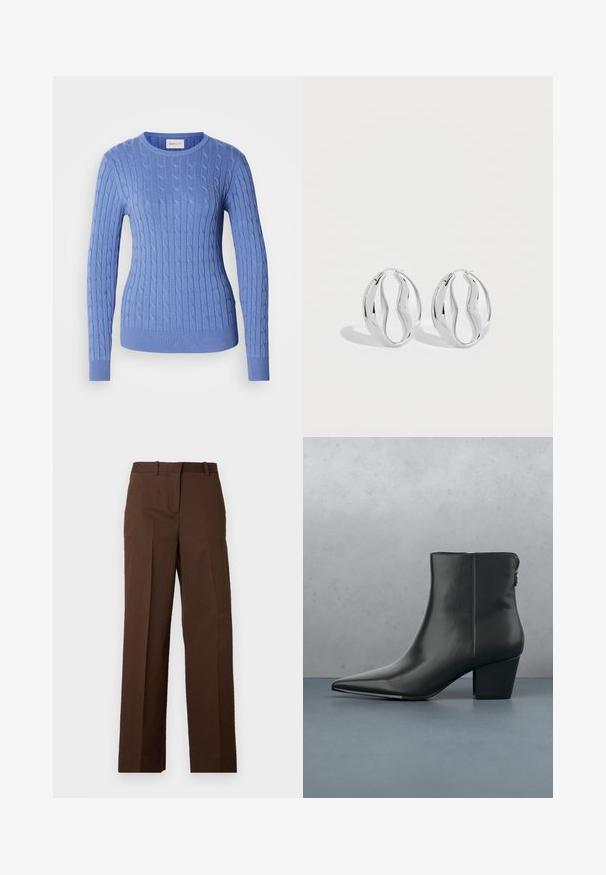 Pull en maille torsadée bleu avec encolure ronde et poignets côtelés. Confectionné dans un matériau doux avec un discret logo sur la poitrine.; Pantalon marron en tissu mélange de coton. Coupe droite avec une texture lisse et sans motifs ni ornements visibles.; Bottine en cuir noir avec un bout pointu et un talon modéré, présentant une texture lisse et un design minimaliste, placée sur un fond à motifs.; Paire de boucles d'oreilles anneaux argentés brillants avec un design torsadé et ondulé, présentée sur un fond clair uni.