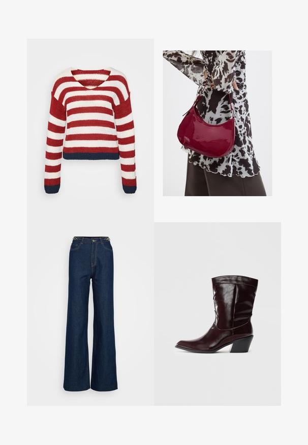 Pull en tricot rayé rouge et blanc avec un design court et un ourlet bleu marine. Dispose de manches longues et d'un décolleté en V large.; Jeans larges bleu foncé en denim avec un design classique à cinq poches, des coutures renforcées et un accent en métal circulaire sur la ceinture.; Bottines en cuir bourgogne avec un bout pointu, une surface texturée et un petit talon effilé. Présente une couture discrète et un ajustement confortable.; Femme portant un chemisier à motif noir et blanc tenant un sac à main rouge brillant sur un fond uni.