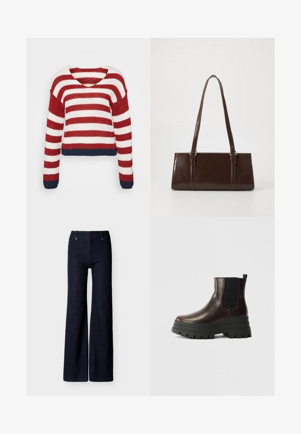 Pull en tricot rayé rouge et blanc avec un design court et un ourlet bleu marine. Dispose de manches longues et d'un décolleté en V large.; Jean denim bleu foncé à jambes larges, taille haute avec des coutures verticales sur le devant, sur fond blanc.; Bottine en cuir marron avec des panneaux élastiques sur les côtés, semelle plateforme noire épaisse et tirette. Présente une finition lisse et un motif de semelle robuste.; Sac à main en cuir verni marron de forme rectangulaire, avec deux longues poignées et des accents courbés subtils à l'avant.