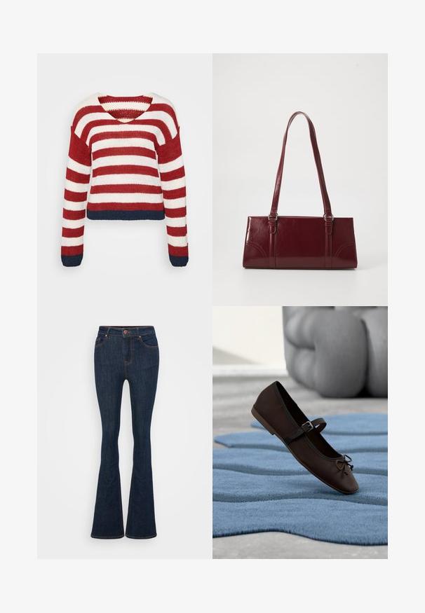 Κόκκινη και λευκή ριγέ πλεκτή μπλούζα με cropped σχέδιο και ναυτικό μπλε στρίφωμα. Διαθέτει μακρυά μανίκια και φαρδύ V-λαιμό.; Σκούρα μπλε τζιν φούστα με καμπάνα, με ορατές ραφές, μπροστινές τσέπες και κούμπωμα με κουμπί. Λείος υφάσματος με ελαφριά ελαστικότητα.; Σκούρο καφέ παπούτσι Mary Jane με χαμηλό τακούνι, με αγκράφα και λεπτομέρεια φιόγκου, τοποθετημένο σε κυματιστό μπλε χαλί με υφή και με γκρι μαξιλαρωμένο καναπέ στο φόντο.; Μπορντό τσάντα ώμου από γυαλιστερό υλικό, ορθογώνιο σχήμα, με δύο ιμάντες ώμου και λεπτές καμπύλες λεπτομέρειες στο μπροστινό μέρος.