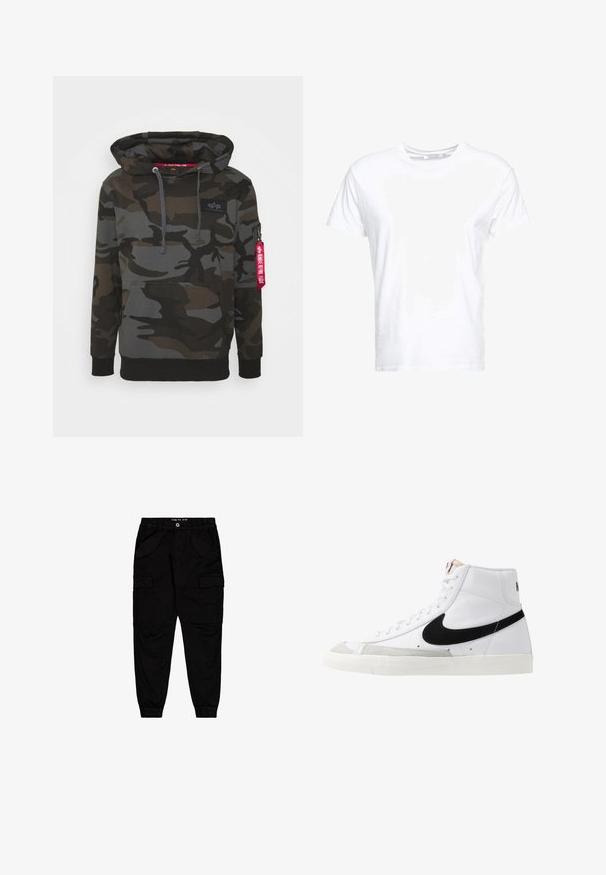Camo hoodie i nuancer af mørkegrøn og grå, med en front kangaroo-lomme, hætte med snor og en lynlåslomme med et rødt mærke.; Hvid bomulds t-shirt med rund halsudskæring og korte ærmer, i en klassisk pasform og glat tekstur. Ingen mønstre eller hardware synlige.; Sorte cargobukser lavet af bomuld, med to forlommer og to side cargolommer, samt elastiske manchetter og talje.; Hvide høje sneakers med et sort swoosh, struktureret grå tåhætte og flad hvid sål. Har seks snørrehuller og syede detaljer.
