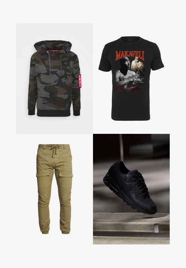 Camo hoodie i nuancer af mørkegrøn og grå, med en front kangaroo-lomme, hætte med snor og en lynlåslomme med et rødt mærke.; Sort kortærmet t-shirt med grafik af en mandlig figur og teksten "MAKAVELI" og "2PAC", med sangtitler i rød og hvid.; Khaki cargo bukser med elastiske manchetter, snor i taljen og to store sidelommer. Fremstillet af bomuldsblanding, der har en glat tekstur.; Sorte Nike Air Max 90 sneakers med en tekstureret mesh-overdel, glatte læderdetaljer, polstret krave og synlig luftstød i sålen.