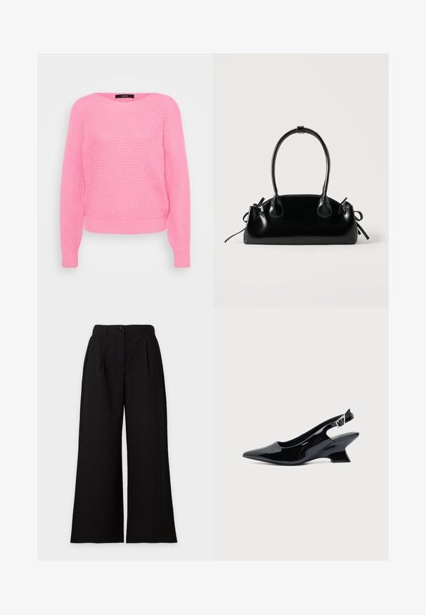 Suéter de punto rosa con cuello redondo, mangas largas y puños y dobladillo acanalados. Presenta un patrón texturizado y un ajuste relajado.; Pantalones negros de cintura alta y pernera ancha con cierre delantero de botón y cremallera, bolsillos laterales y pliegues sutiles en la cintura.; Zapato slingback de cuero charol negro con puntera puntiaguda y tacón bajo en bloque inclinado sobre fondo claro liso.; Pequeño bolso negro brillante con dos asas largas y detalles de cordón lateral sobre un fondo claro liso.