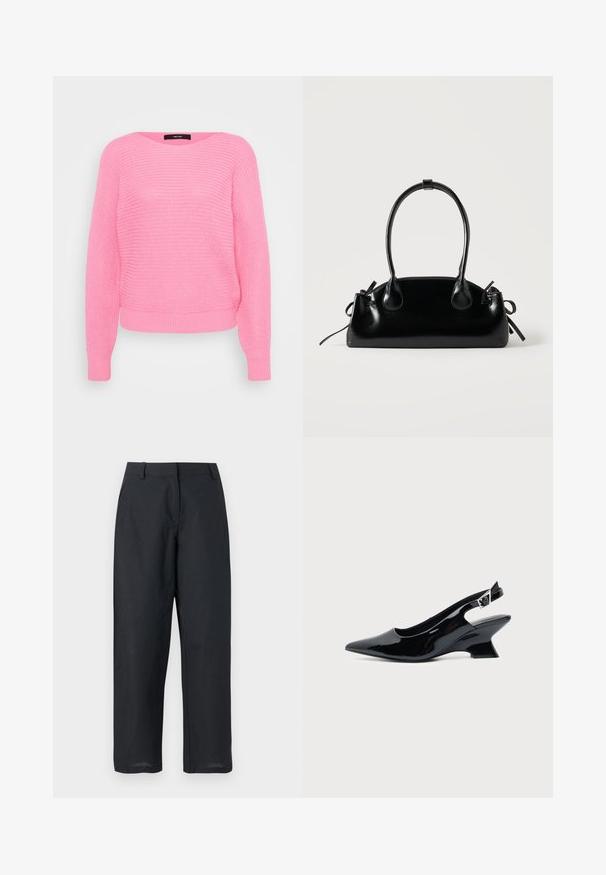 Suéter de punto rosa con cuello redondo, mangas largas y puños y dobladillo acanalados. Presenta un patrón texturizado y un ajuste relajado.; Pantalones negros de pierna recta con trabillas para cinturón, cremallera frontal y bolsillos laterales, mostrados sobre un fondo blanco.; Zapato slingback de cuero charol negro con puntera puntiaguda y tacón bajo en bloque inclinado sobre fondo claro liso.; Pequeño bolso negro brillante con dos asas largas y detalles de cordón lateral sobre un fondo claro liso.