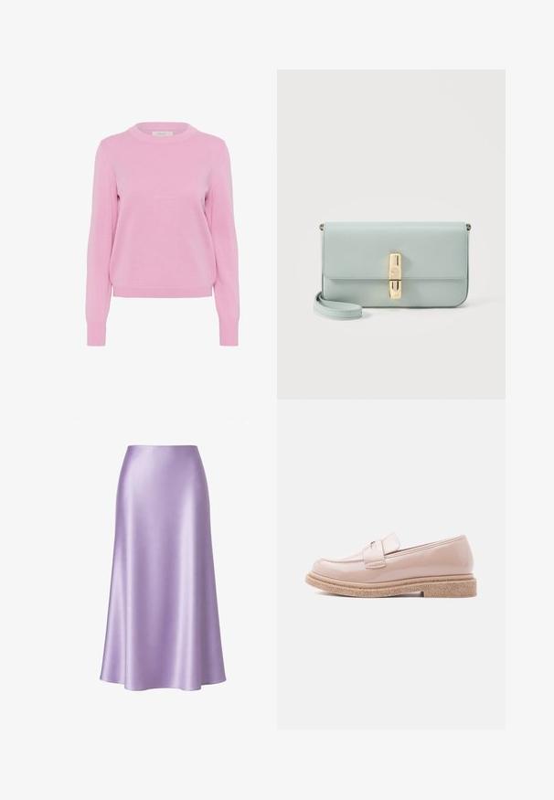 Pull en maille rose pâle avec col rond, manches longues et poignets et ourlet côtelés. Présente une texture lisse et une coupe classique.; Jupe midi en satin violet clair avec une texture lisse et brillante et un léger évasement à l'ourlet sur fond blanc.; Mocassin rose pâle brillant avec une semelle texturée beige et une bride assortie sur le dessus, présenté en profil latéral sur un fond clair.; Pochette en cuir bleu clair avec fermoir rectangulaire doré et sangle de poignet amovible sur fond blanc.
