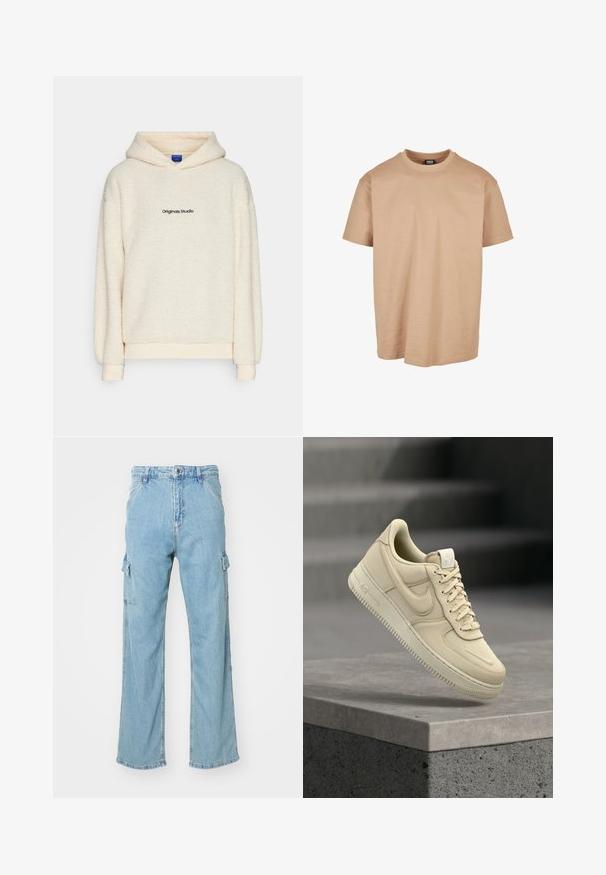 Lys cremefarvet sherpa fleece hættetrøje med "Originals Studio" trykt i sort på brystet, udstyret med lange ærmer og en hætte foran.; Beige bomulds t-shirt med rund hals, korte ærmer og en afslappet pasform; har en glat tekstur og et minimalistisk design.; Lysblå denim cargo bukser med brede ben, der har to sidelommer og en klassisk knaplukning. Struktureret stof med en worn finish.; Beige Nike Air Force 1 sneaker, der svæver over en grå betonafdækning med en sløret trapp baggrund.