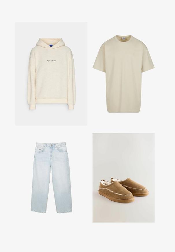 Hoodie en polaire sherpa couleur crème avec "Originals Studio" imprimé en noir sur la poitrine, présentant des manches longues et une capuche à l'avant.; T-shirt en coton beige clair à manches courtes, col rond et coupe décontractée. Le tissu semble lisse, sans motifs ni accents visibles.; Jean droit taille haute bleu clair avec bouton à l'avant, poches et petite étiquette métallique de marque sur la poche avant droite.; Des chaussures slip-on en daim beige avec une doublure en fausse fourrure douce, des coutures blanches décoratives sur les côtés et des semelles en caoutchouc antidérapantes.