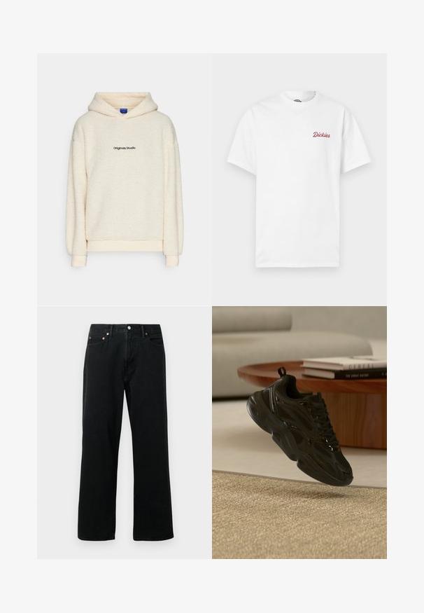 Lys cremefarvet sherpa fleece hættetrøje med "Originals Studio" trykt i sort på brystet, udstyret med lange ærmer og en hætte foran.; Hvid bomuld t-shirt med korte ærmer. Har rød tekstlogo "Dickies" på venstre brystområde, rund halsudskæring og standard pasform.; Sorte denimjeans med lige ben, fem-lomme design, metalnitter og knaplukning. Stoffet har en blød tekstur med minimal falming.; Sort chunky sneaker med mesh og skinnende detaljer, der svæver over beige tæppe, rundt træ-sofabord med bøger i baggrunden.