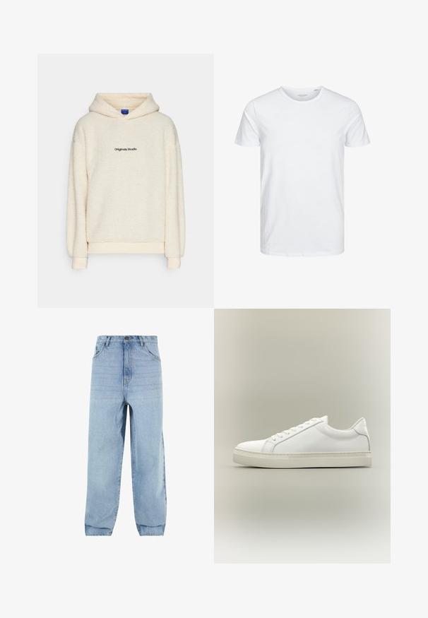 Lys cremefarvet sherpa fleece hættetrøje med "Originals Studio" trykt i sort på brystet, udstyret med lange ærmer og en hætte foran.; Rundhals kortærmet t-shirt i ensfarvet hvid, lavet af blød bomuld, har et simpelt design uden synlige mønstre eller detaljer.; Lyseblå denimjeans med løs pasform, høj talje og fem lommer. Har bæltestropper og knaplukning. Blød tekstur.; Hvid lavtop sneaker med snørebånd foran og tyk sål, vist fra siden mod en neutral baggrund.