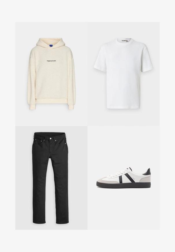 Lys cremefarvet sherpa fleece hættetrøje med "Originals Studio" trykt i sort på brystet, udstyret med lange ærmer og en hætte foran.; Hvid kortærmet t-shirt i vaffelmønster med rund hals og et lille mærke med brandnavn inde i kraven, vist på en ensfarvet baggrund.; Sorte denimbukser med lige ben, der har lynlås i gylpen, fem lommer og metalknapdetaljer. Glat tekstur.; Hvide sneakers med sorte og grå detaljer, med en tekstureret grå tåhætte, sort gummisål og flade hvide snørebånd. Rent design, minimalistisk stil.