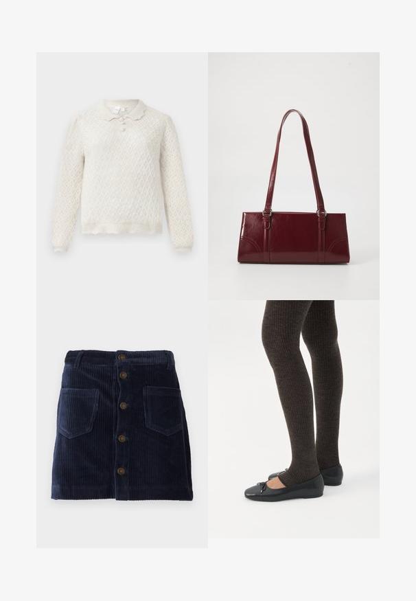 Cremefarvet strikket sweater med diamantmønster, lange ærmer, bølget kant og krave med tre knapper.; Marineblå fløjlskørt med frontknaplukning og to påsyede lommer, der har vertikal ribbet tekstur.; Ben iført mørke ribbede leggings kombineret med sorte balletsko med små sløjfedetaljer på hvid baggrund.; Bordeaux håndtaske lavet af glansfuldt materiale, rektangulær form, med to skulderremme og subtile buede detaljer på forsiden.