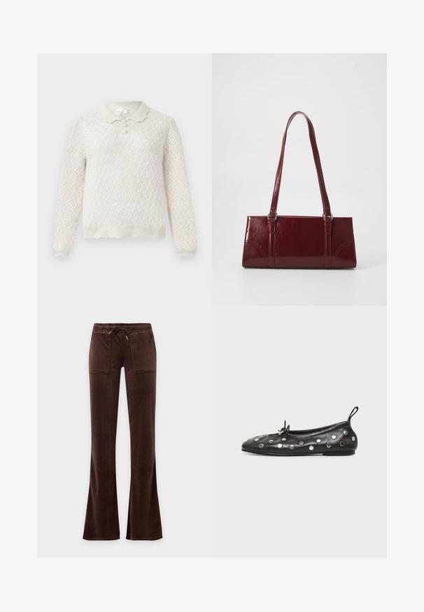Cremefarvet strikket sweater med diamantmønster, lange ærmer, bølget kant og krave med tre knapper.; Mørkebrune velourbukser med snøre i taljen, to frontlommer og let udvidede ben mod en ensfarvet baggrund.; Sort læder balletsko med sølvfarvede runde nitter, en lille sløjfe på toppen og en trækketag ved hælen på hvid baggrund.; Bordeaux håndtaske lavet af glansfuldt materiale, rektangulær form, med to skulderremme og subtile buede detaljer på forsiden.