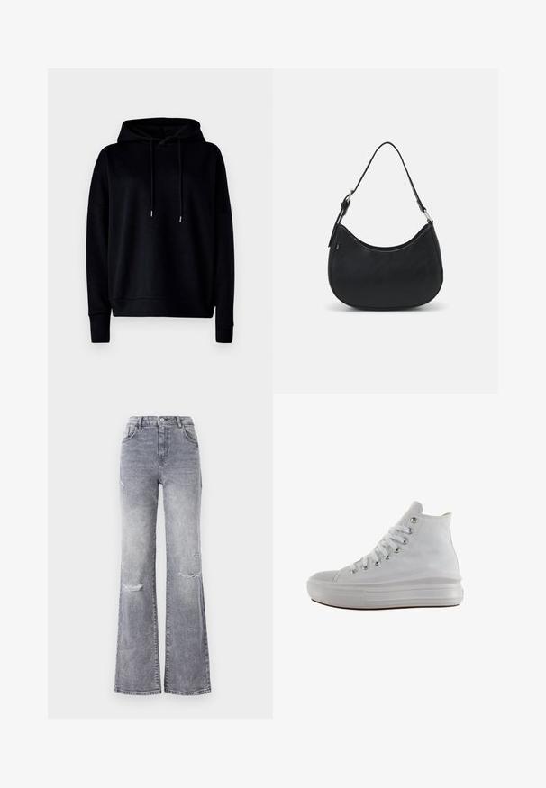 Sort hætte sweatshirt lavet af blødt stof, med afslappet pasform, ribbede manchetter og justerbare snore. Glat overflade uden mønstre.; Højtaljede grå denim jeans med flagrende ben, der har slidte knædetaljer, et klassisk fem-lomme design og tonet syninger.; Hvid højt canvas sneaksko med hvide snørebånd, metaløjer, tyk gummisål og tekstureret tåhætte, vendt mod venstre på en hvid baggrund.; Sort hobo taske lavet af glat læder med en buet silhuet, der har en enkelt justerbar skulderrem og minimalistiske designdetaljer.