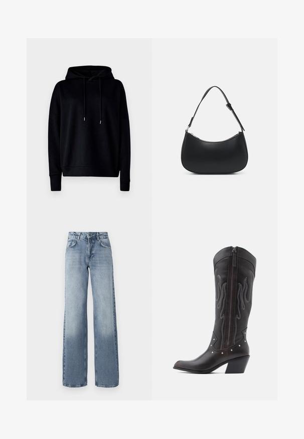 Sort hætte sweatshirt lavet af blødt stof, med afslappet pasform, ribbede manchetter og justerbare snore. Glat overflade uden mønstre.; Bredde ben bløde denim jeans i blå med en lys vask, lynlås, fem-lomme design og subtil falming nær anklerne.; Brune læder cowboystøvler med flammebroderi, sidelukning med lynlås, sølvnitter, spids snude og lagdelt hæl.; Pieces PCALUANA SHOULDER BAG - Håndtasker - black