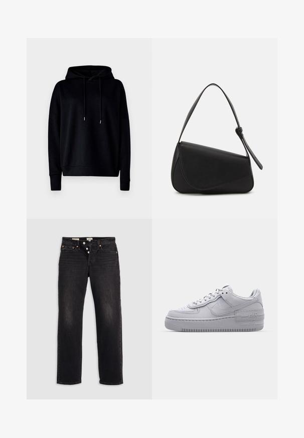Sort hætte sweatshirt lavet af blødt stof, med afslappet pasform, ribbede manchetter og justerbare snore. Glat overflade uden mønstre.; Sorte denim jeans med lige ben, der har fem lommer, kobbernitter og knaplukning. Blød tekstur med discrete falmede detaljer.; Grå Nike Air Force 1 sneakers med perforeret tå, glat læderoverdel, tyk sål og præget 'AIR' detalje på hælen.; Sort læderhåndtaske med en triangular form, skrå klap og et rundt håndtag. Har en glat overflade og minimalistiske design detaljer.