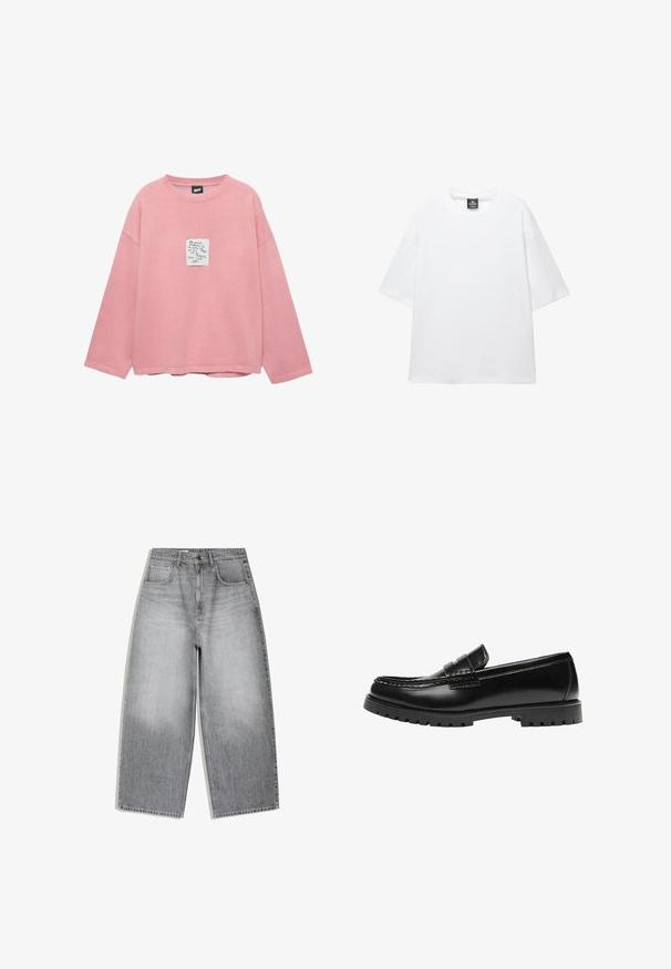 Sweatshirt rose à manches longues avec une coupe décontractée, dotée d'un patch carré avec texte manuscrit sur la poitrine et une texture douce en coton.; T-shirt blanc surdimensionné avec des manches courtes, un col rond et un tissu en coton doux. Présente une étiquette noire au niveau du cou. Sans motifs ni accents.; Jean en denim gris taille haute avec une coupe large aux jambes, poches avant et fermeture à boutons, présenté à plat sur fond blanc.; Mocassin en cuir noir avec une semelle en caoutchouc épaisse et un détail classique de bride à monnaie, vu de côté extérieur.