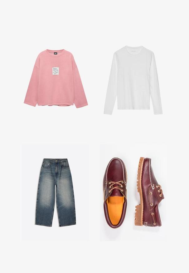 Sweatshirt rose à manches longues avec une coupe décontractée, dotée d'un patch carré avec texte manuscrit sur la poitrine et une texture douce en coton.; T-shirt blanc à manches longues en coton doux, avec un col rond et une texture lisse sans motifs ni accents visibles.; Jean en denim bleu à jambes larges avec devant délavé, design cinq poches, passants de ceinture et fermeture par bouton, posé à plat sur fond blanc.; Chaussures en cuir bourgogne avec semelles en caoutchouc marron, bout rond, couture blanche et œillets dorés. L'intérieur présente une doublure jaune.