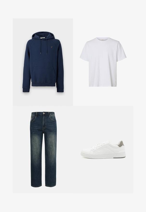 Sweat à capuche côtelé bleu marine avec poche kangourou à l'avant, capuche à cordon de serrage et petit emblème brodé sur le côté gauche de la poitrine.; T-shirt blanc uni à manches courtes, col rond, coupe régulière et texture de tissu lisse, présenté sur fond blanc.; Jean droit bleu foncé avec légère décoloration sur le devant des cuisses, cinq poches, et une fermeture à bouton à la taille.; Basket blanche en cuir lisse, à bout arrondi, design minimaliste, accent de talon gris et semelle en caoutchouc texturé.