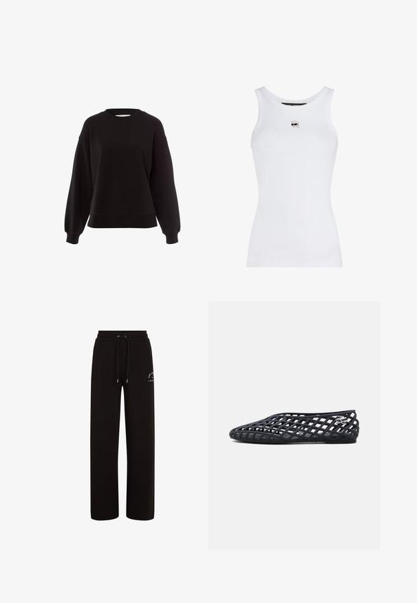 Schwarzer Sweatshirt aus weichem Material, mit rundem Halsausschnitt, überschnittenen Schultern und gerippten Bündchen in einem lässigen Schnitt.; Weißes, geripptes ärmelloses Tanktop mit kleinem, gesticktem Gesicht, das eine Sonnenbrille und ein weißes Kopftuch trägt, zentriert unterhalb des Halsausschnitts.; Schwarze Sweatpants mit lockerem Schnitt aus weichem Stoff, ausgestattet mit einem elastischen Bund mit Kordelzug und einem kleinen Logodetail an der Seite.; Schwarzer flacher Schuh mit gitterartigem offenen Design und kleinem silberfarbenem dekorativem Logo an der Seite, von der Außenseite gezeigt.