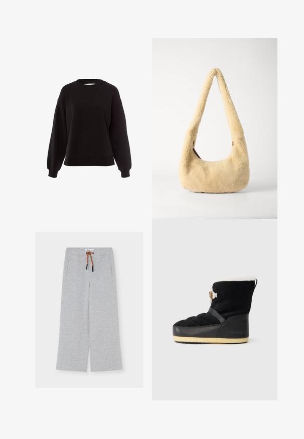 Sudadera negra hecha de material suave, con cuello redondo, hombros caídos y puños acanalados, con un diseño de corte relajado.; Pantalones deportivos de pierna ancha de color gris claro con cordón marrón y bolsillos laterales, colocados planos sobre un fondo blanco.; Botín de ante negro con un diseño acolchado, forro de piel sintética blanca y suela de goma negra. Presenta una correa decorativa y un detalle de marca.; Bolso de hombro de piel de oveja beige con un asa curva y una forma redondeada. La textura es suave y esponjosa, con acentos de hardware mínimos.