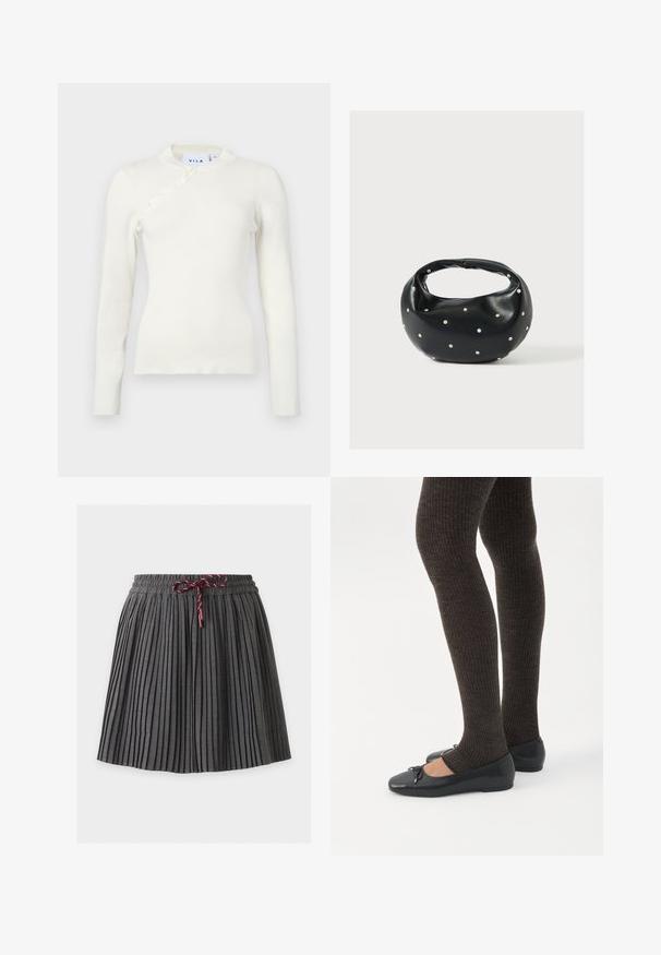 Pull long à manches longues blanc avec un col montant, présentant une texture côtelée et des boutons décoratifs le long de la couture latérale.; Jupe plissée gris foncé avec une taille élastique et un cordon bordeaux noué au centre devant.; Jambes portant des leggings côtelés foncés associés à des ballerines noires avec de petits détails en nœud sur fond blanc.; Sac à main en cuir noir de forme arrondie, décoré de clous argentés et équipé d'une poignée courte. Texture lisse et fermeture éclair.