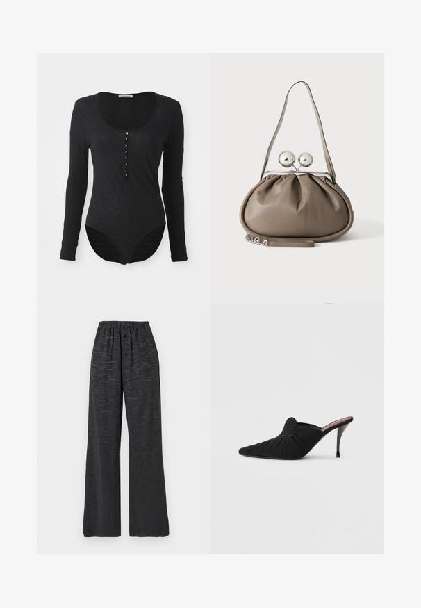 Body noir à manches longues en tissu doux et léger. Il présente un col rond et une fermeture à boutons sur le devant avec six boutons blancs.; Pantalon noir à jambes larges avec ceinture élastique, deux boutons à l'avant et un motif discret en texte imprimé sur l'ensemble.; Mule noir à talon haut avec bout pointu, tissu doux à texture froncée sur le devant et talon aiguille fin.; Sac à main en cuir gris de forme arrondie, fermeture supérieure avec deux grandes sphères argentées, et une seule anse.
