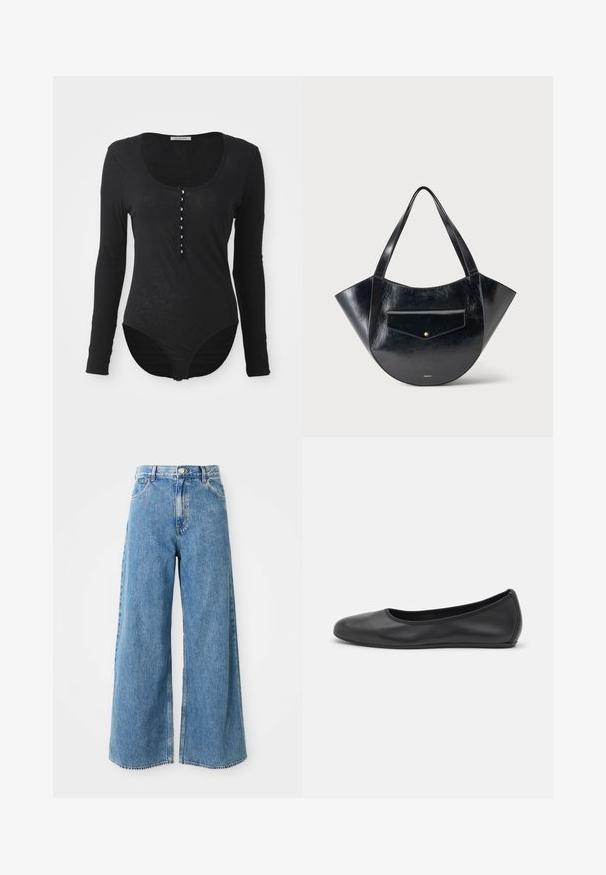 Body noir à manches longues en tissu doux et léger. Il présente un col rond et une fermeture à boutons sur le devant avec six boutons blancs.; Jean en denim léger bleu clair à taille haute, avec fermeture à boutons et à glissière à l'avant, et poches avant sur fond blanc.; Ballerines en cuir noir avec un bout rond, texture lisse, détails de couture minimalistes et design de semelle flexible.; Sac à main en cuir noir brillant avec un corps large et incurvé, deux bretelles et une poche avant à rabat avec un petit bouton doré.