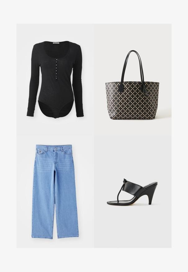 Body noir à manches longues en tissu doux et léger. Il présente un col rond et une fermeture à boutons sur le devant avec six boutons blancs.; Jean large bleu clair en denim, avec un design classique à cinq poches et une fermeture à bouton. Texture lisse, ourlet effiloché.; Sandale noire à talon haut avec une large bride avant et une boucle d'orteil dotée d'un détail de corde nouée, vue de profil sur fond blanc.; Sac fourre-tout noir avec motif croisé beige, deux longues poignées et une étiquette suspendue sur un fond clair uni.