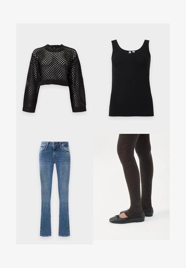 Pull noir court avec un design en maille ouverte, manches longues, poignets et ourlet côtelés, présentant un col rond et une surface texturée.; Débardeur noir côtelé sans manches avec encolure dégagée, présenté à plat sur un fond clair.; Jean flare en denim bleu clair avec cinq poches, une fermeture à bouton et des détails de couture jaunes. Le tissu a une texture lisse.; Jambes portant des leggings côtelés foncés associés à des ballerines noires avec de petits détails en nœud sur fond blanc.